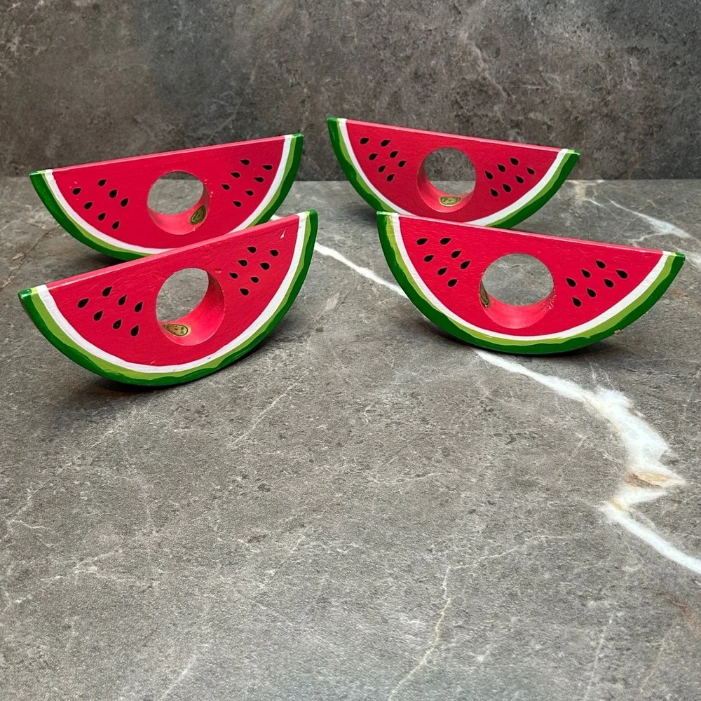 Vintage Watermelon Wooden Napkin Rings Set of 4 Hand Painted Fruit Picnic Decor